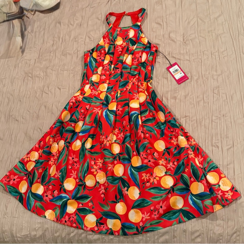 Vince Camuto Red Halter Sundress with Orange & Green Fruit Print